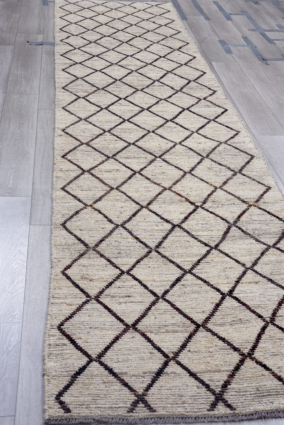 3' x 15' one-of-a-kind handmade vintage Tulu runner rug. Color palette: ivory, charcoal, taupe, brown, gray, black, beige