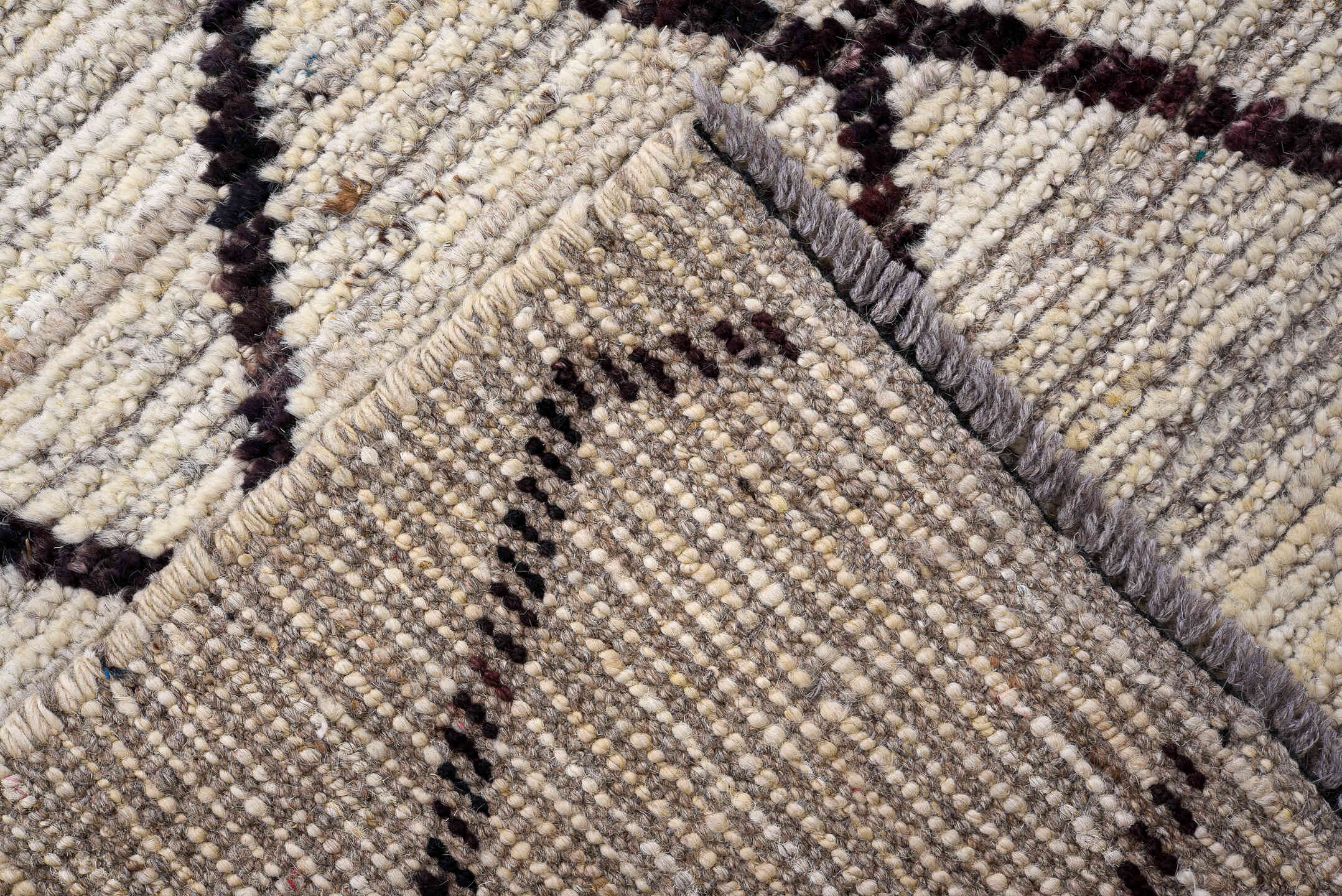 3' x 15' one-of-a-kind handmade vintage Tulu runner rug. Color palette: ivory, charcoal, taupe, brown, gray, black, beige