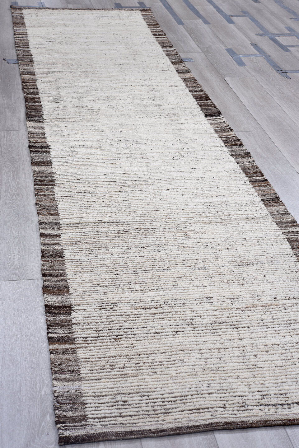 3' x 13' one-of-a-kind handmade vintage Tulu runner rug. Color palette: ivory, charcoal, taupe, brown, gray, black, beige