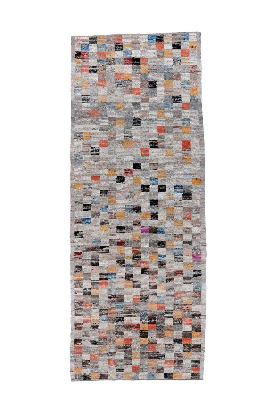 5' x 14' one-of-a-kind handmade vintage Tulu rug. Color palette: brown, blue, gray, pink, black, red, light gray, off-white