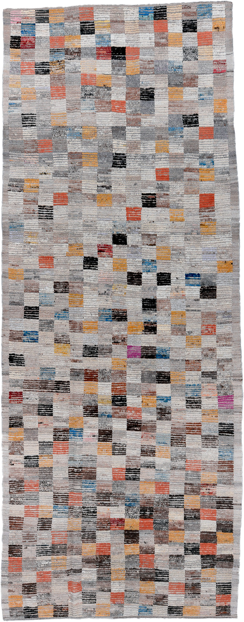 5' x 14' one-of-a-kind handmade vintage Tulu rug. Color palette: ivory, gray, charcoal, coral, saffron, taupe, sky_blue