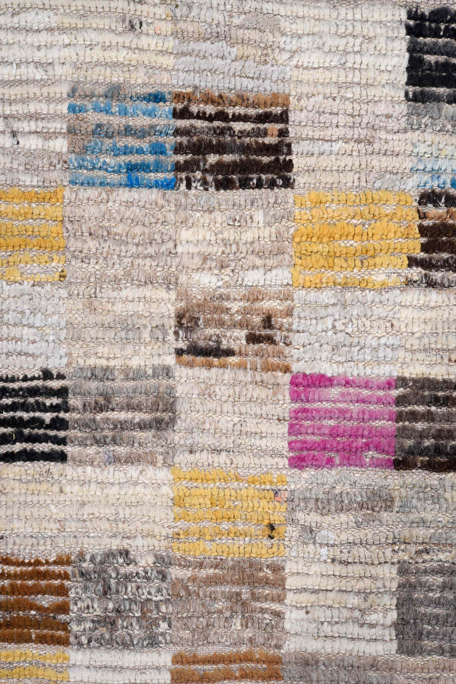 5' x 14' one-of-a-kind handmade vintage Tulu rug. Color palette: ivory, gray, charcoal, coral, saffron, taupe, sky_blue
