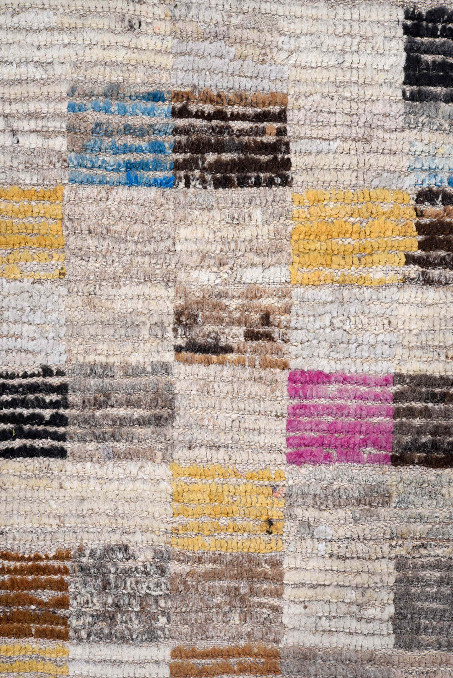 5' x 14' one-of-a-kind handmade vintage Tulu rug. Color palette: ivory, gray, charcoal, coral, saffron, taupe, sky_blue