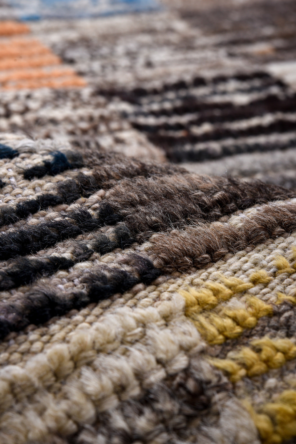5' x 14' one-of-a-kind handmade vintage Tulu rug. Color palette: brown, blue, gray, pink, black, red, light gray, off-white