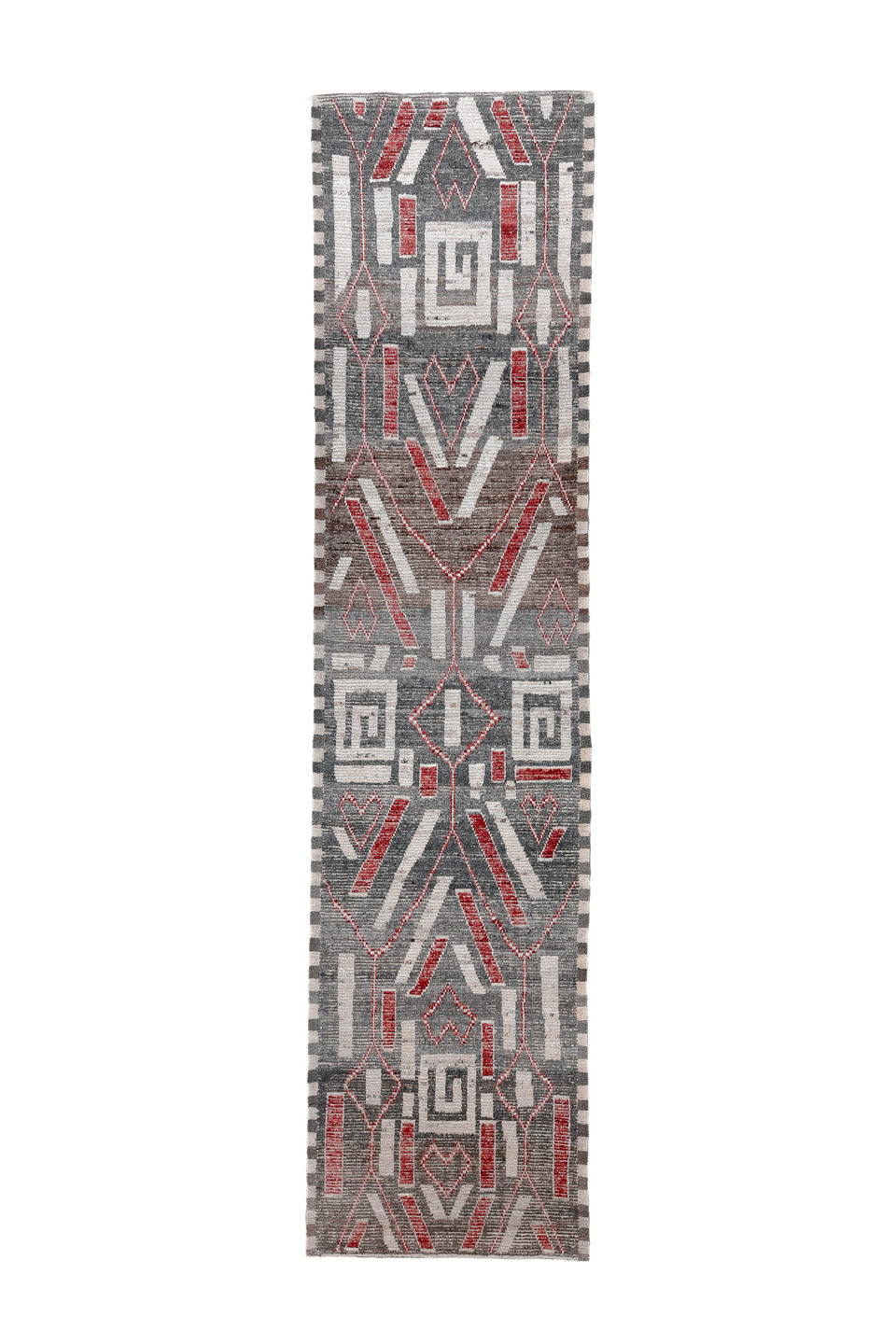 3' x 15' one-of-a-kind handmade vintage Tulu runner rug. Color palette: black, brown, charcoal, dark gray, dim gray, gray