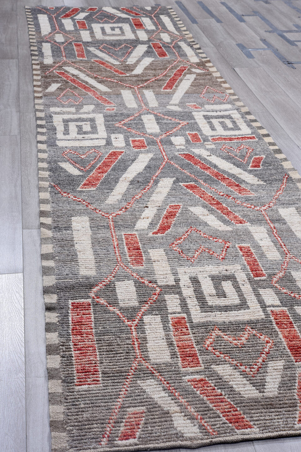 3' x 15' one-of-a-kind handmade vintage Tulu runner rug. Color palette: gray, ivory, red, taupe, charcoal, beige, black