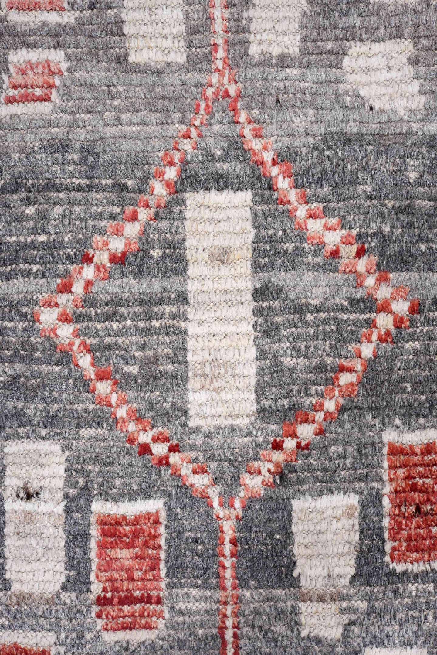3' x 15' one-of-a-kind handmade vintage Tulu runner rug. Color palette: gray, ivory, red, taupe, charcoal, beige, black