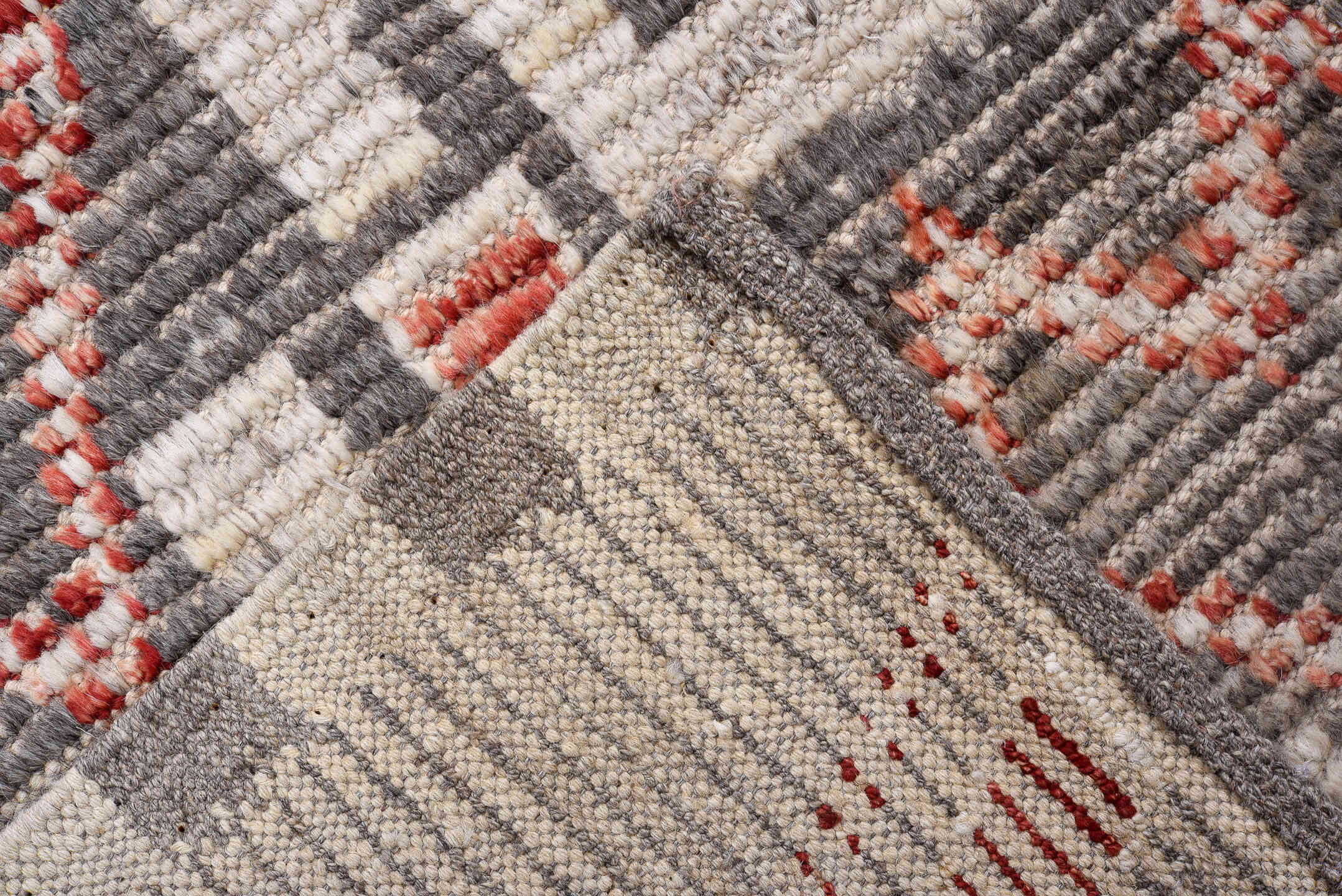 3' x 15' one-of-a-kind handmade vintage Tulu runner rug. Color palette: gray, ivory, red, taupe, charcoal, beige, black
