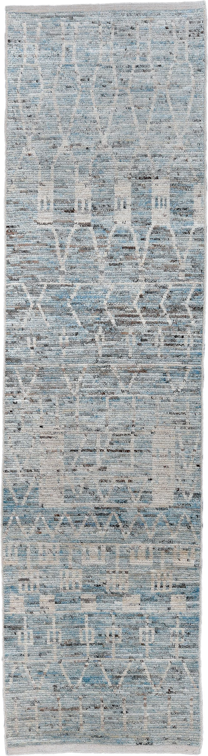 3' x 13' one-of-a-kind handmade vintage Tulu runner rug. Color palette: ivory, pale blue, light gray, taupe, charcoal