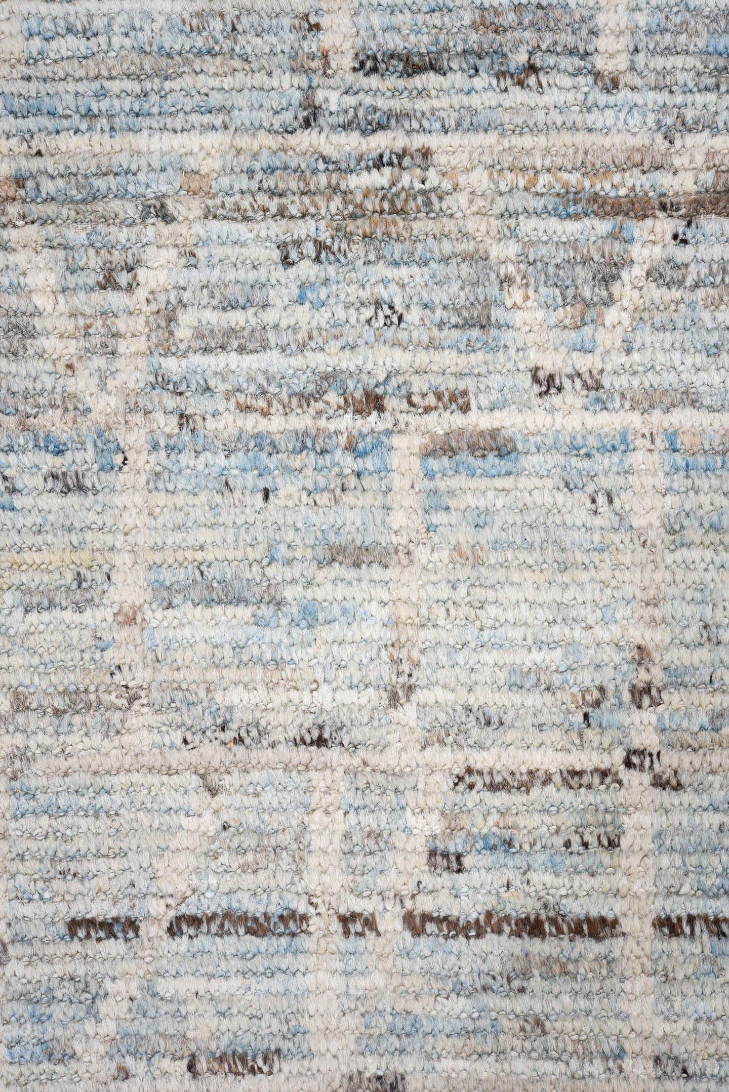 3' x 13' one-of-a-kind handmade vintage Tulu runner rug. Color palette: ivory, pale blue, light gray, taupe, charcoal