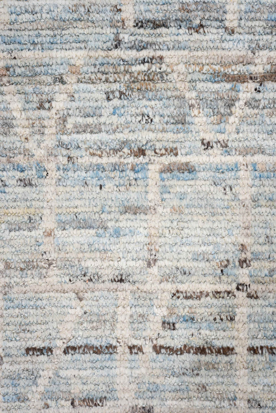 3' x 13' one-of-a-kind handmade vintage Tulu runner rug. Color palette: ivory, pale blue, light gray, taupe, charcoal