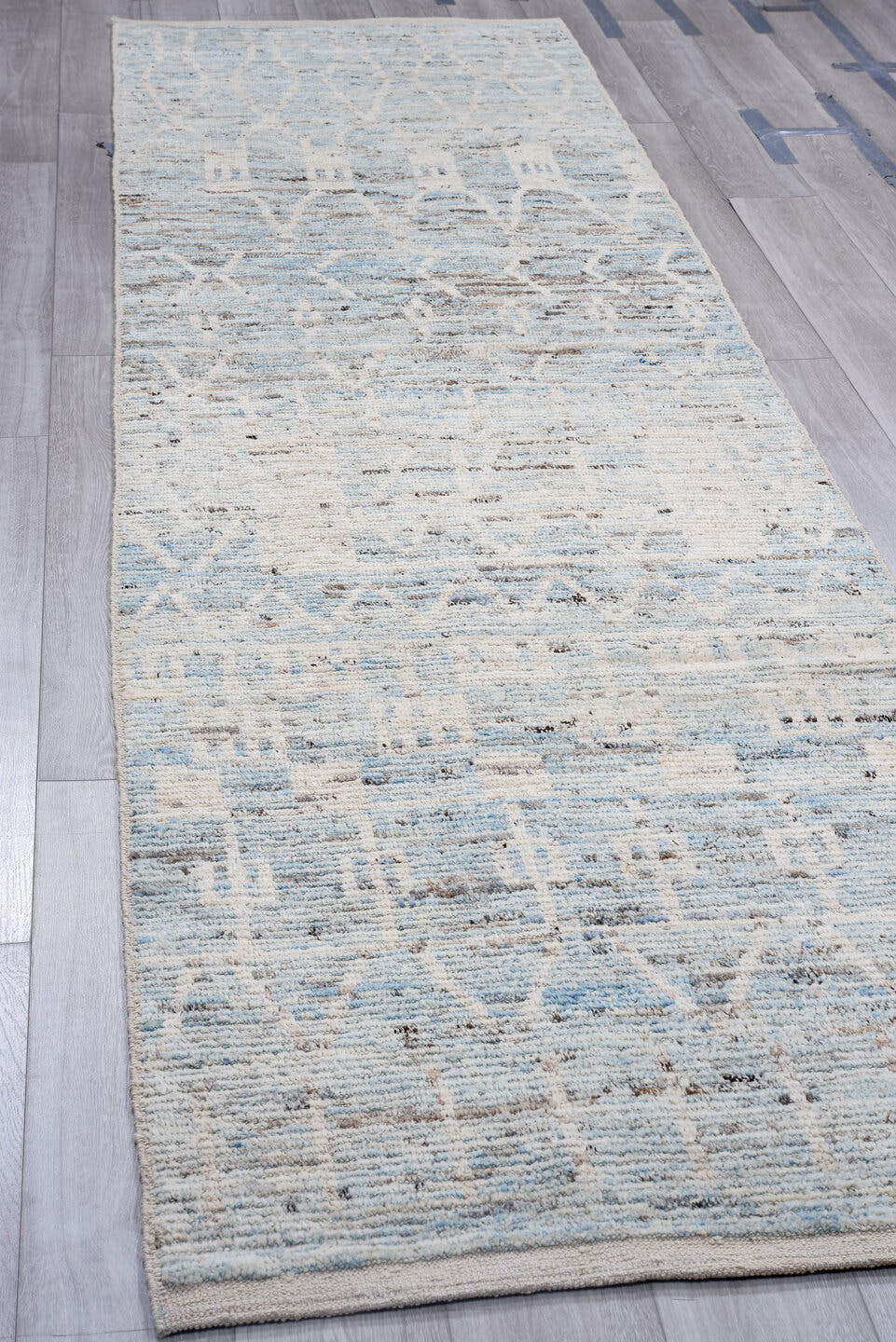 3' x 13' one-of-a-kind handmade vintage Tulu runner rug. Color palette: ivory, pale blue, light gray, taupe, charcoal