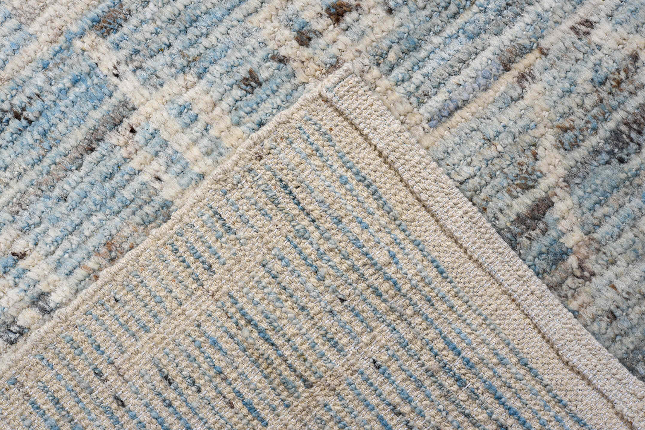 3' x 13' one-of-a-kind handmade vintage Tulu runner rug. Color palette: ivory, pale blue, light gray, taupe, charcoal