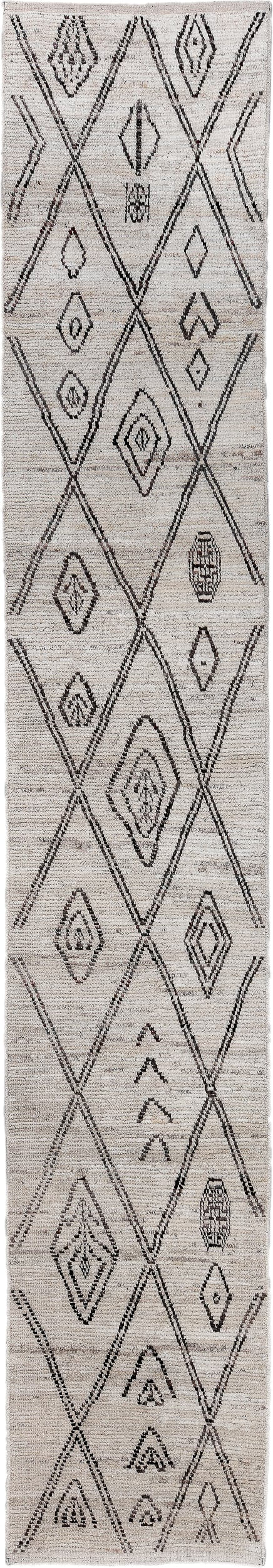 2' x 16' one-of-a-kind handmade vintage Tulu runner rug. Color palette: ivory, charcoal, taupe, gray, black, beige