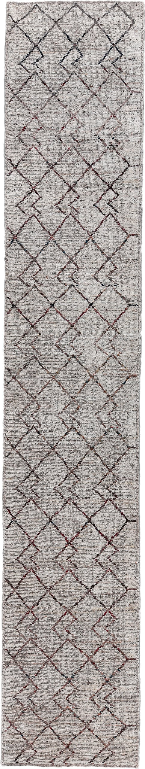 3' x 18' one-of-a-kind handmade vintage Tulu runner rug. Color palette: ivory, taupe, brown, rust, charcoal, beige, gray