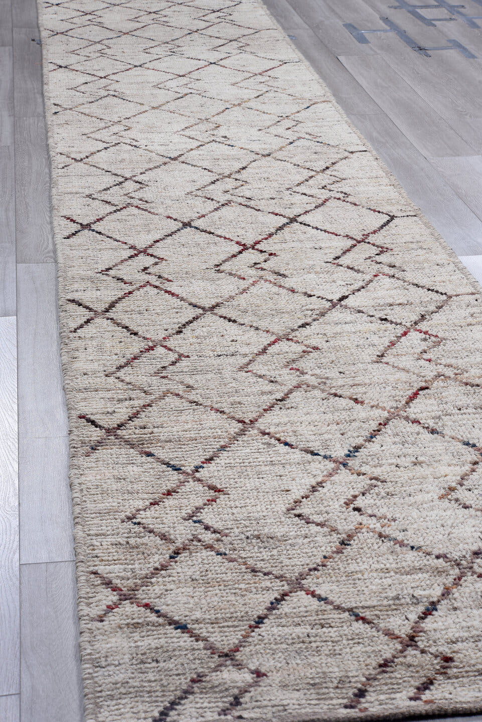 3' x 18' one-of-a-kind handmade vintage Tulu runner rug. Color palette: ivory, taupe, brown, rust, charcoal, beige, gray