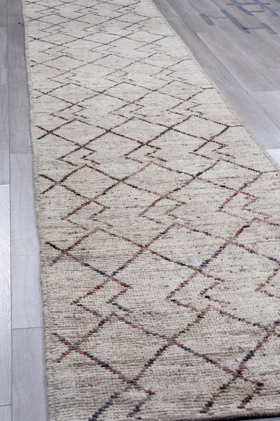 3' x 18' one-of-a-kind handmade vintage Tulu runner rug. Color palette: ivory, taupe, brown, rust, charcoal, beige, gray