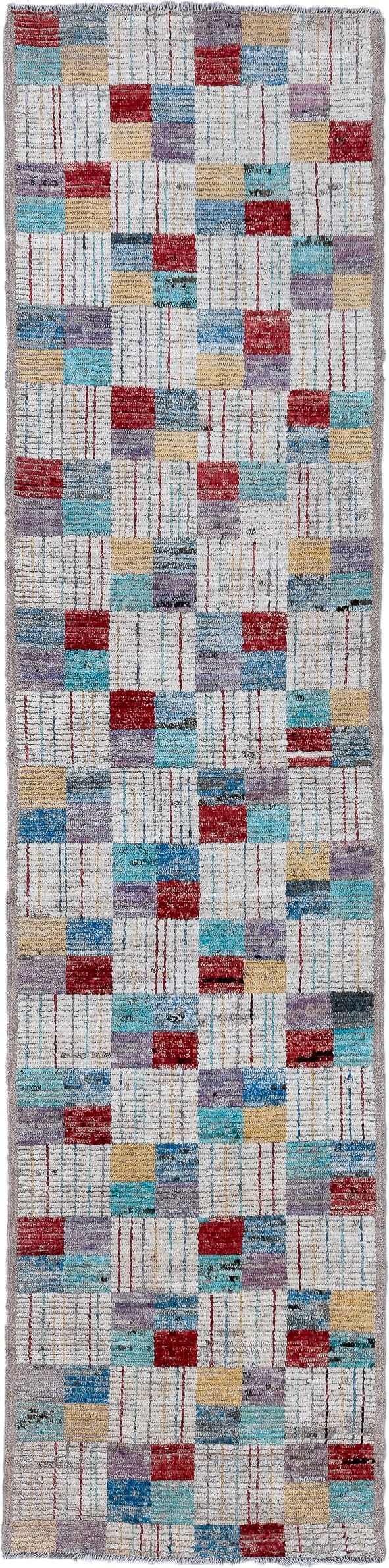 3' x 13' one-of-a-kind handmade vintage Tulu runner rug. Color palette: ivory, sky blue, crimson, lavender, pale gold, slate