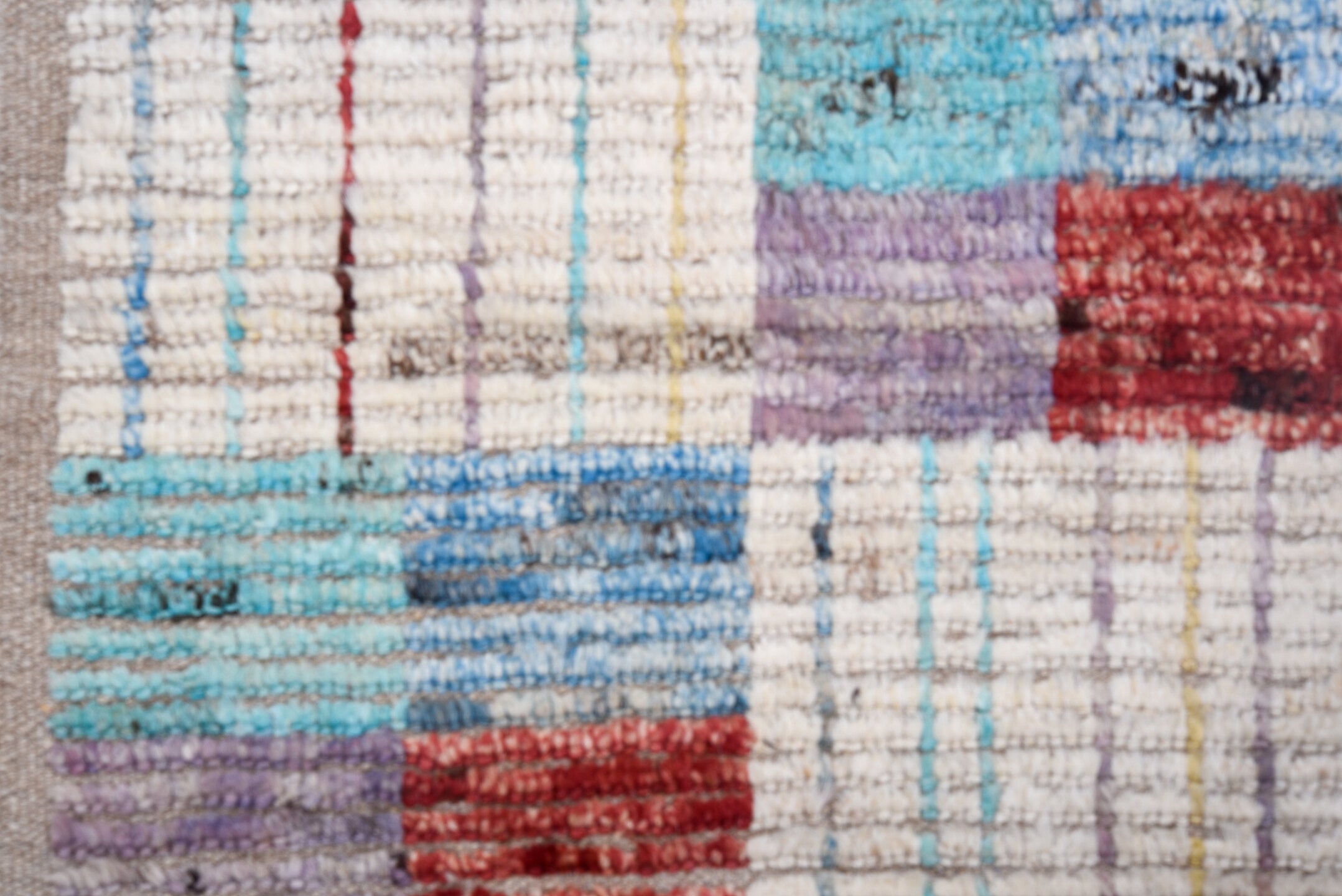 3' x 13' one-of-a-kind handmade vintage Tulu runner rug. Color palette: ivory, sky blue, crimson, lavender, pale gold, slate