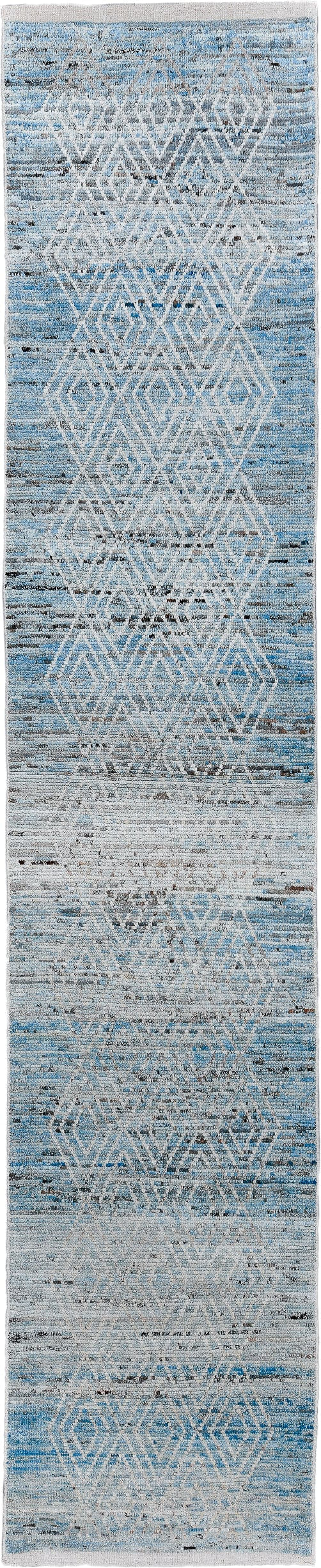 3' x 16' one-of-a-kind handmade vintage Tulu runner rug. Color palette: sky blue, ivory, light gray, charcoal, light blue