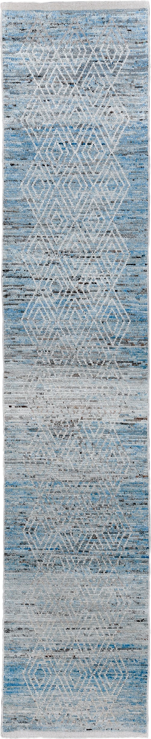 3' x 16' one-of-a-kind handmade vintage Tulu runner rug. Color palette: sky blue, ivory, light gray, charcoal, light blue