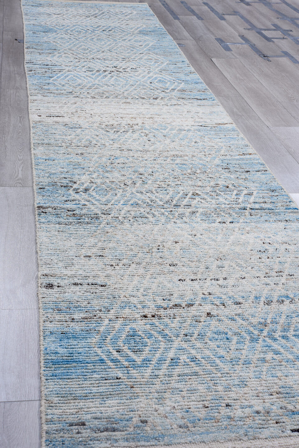 3' x 16' one-of-a-kind handmade vintage Tulu runner rug. Color palette: sky blue, ivory, light gray, charcoal, light blue