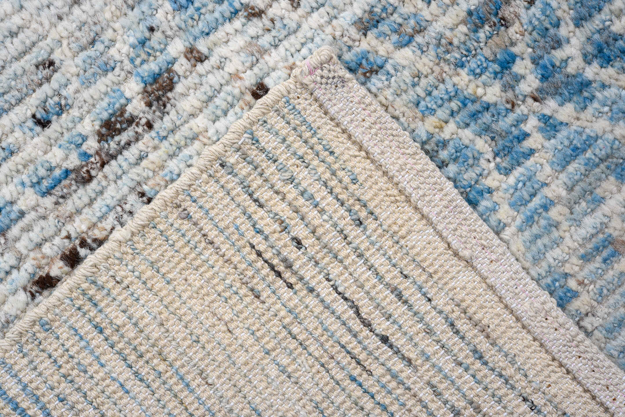 3' x 16' one-of-a-kind handmade vintage Tulu runner rug. Color palette: sky blue, ivory, light gray, charcoal, light blue