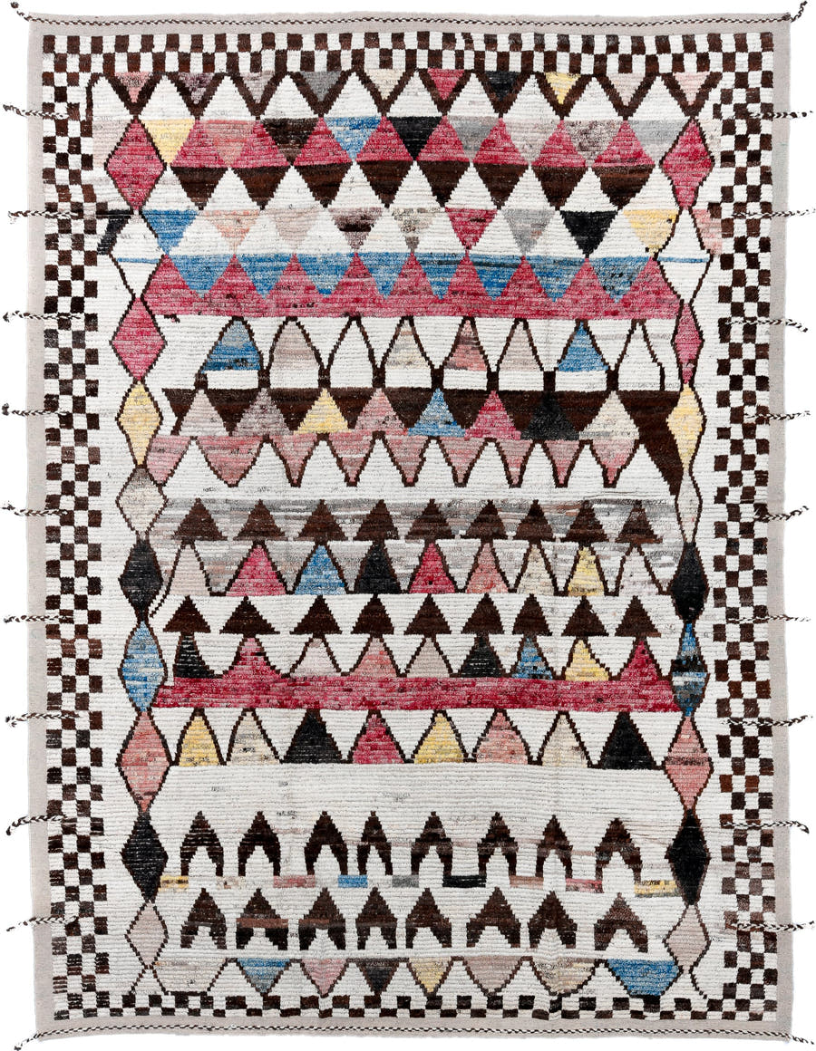 9' x 12' one-of-a-kind handmade vintage Tulu large size rug. Color palette: ivory, brown, rose, sky_blue, gray, black