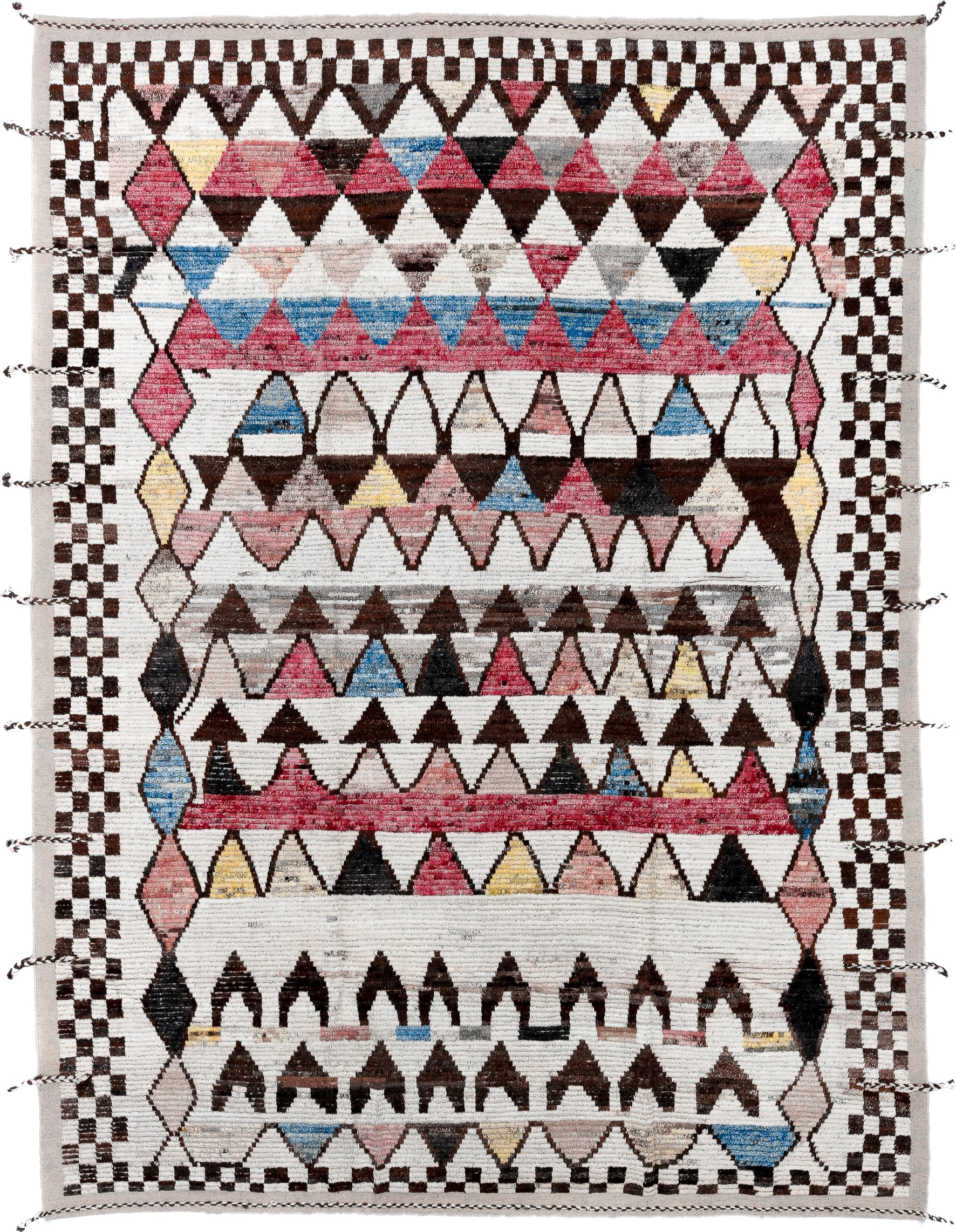 9' x 12' one-of-a-kind handmade vintage Tulu large size rug. Color palette: ivory, brown, rose, sky_blue, gray, black