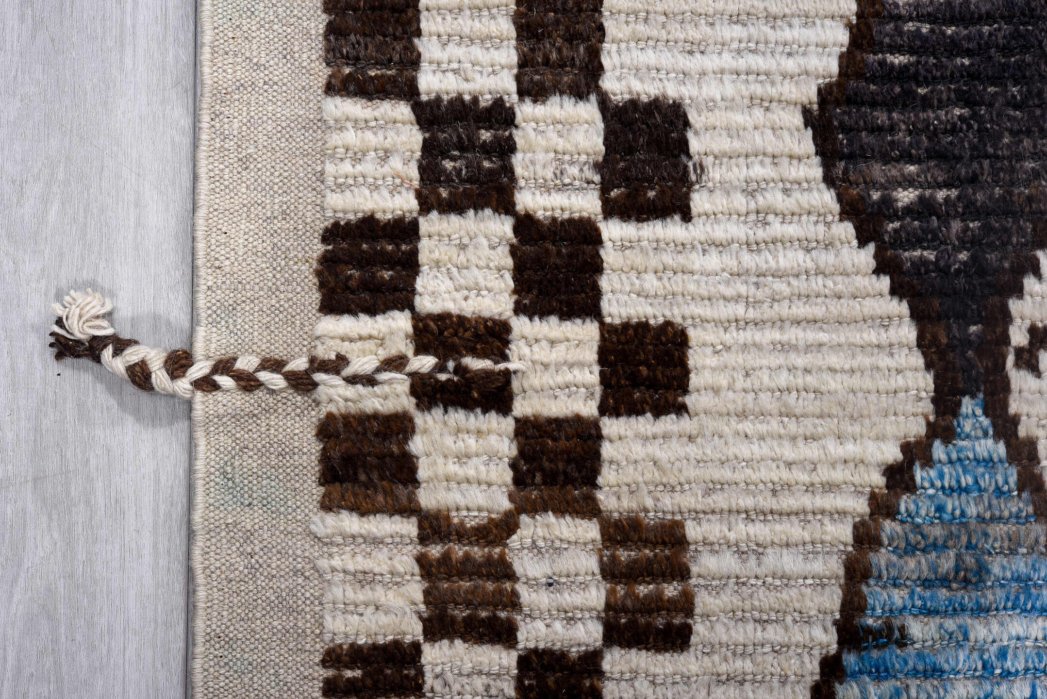 9' x 12' one-of-a-kind handmade vintage Tulu large size rug. Color palette: ivory, brown, rose, sky_blue, gray, black