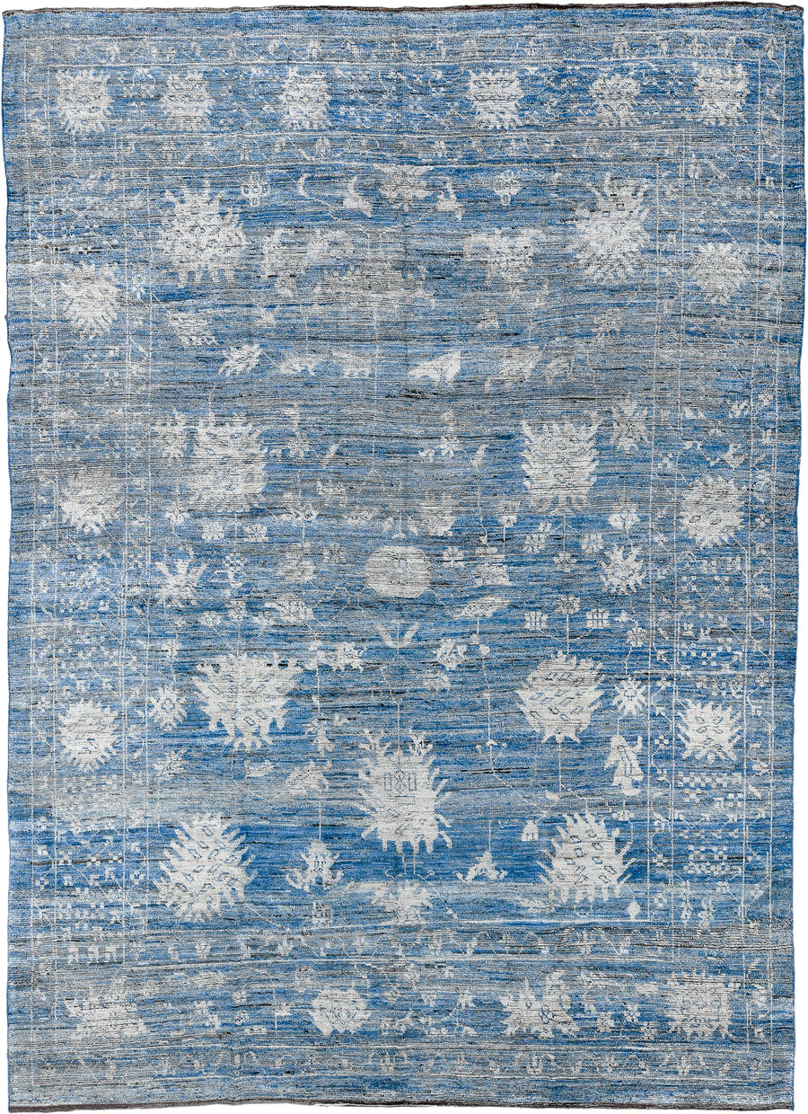 9' x 13' one-of-a-kind handmade vintage Tulu large size rug. Color palette: sky blue, ivory, slate, steel blue, cream