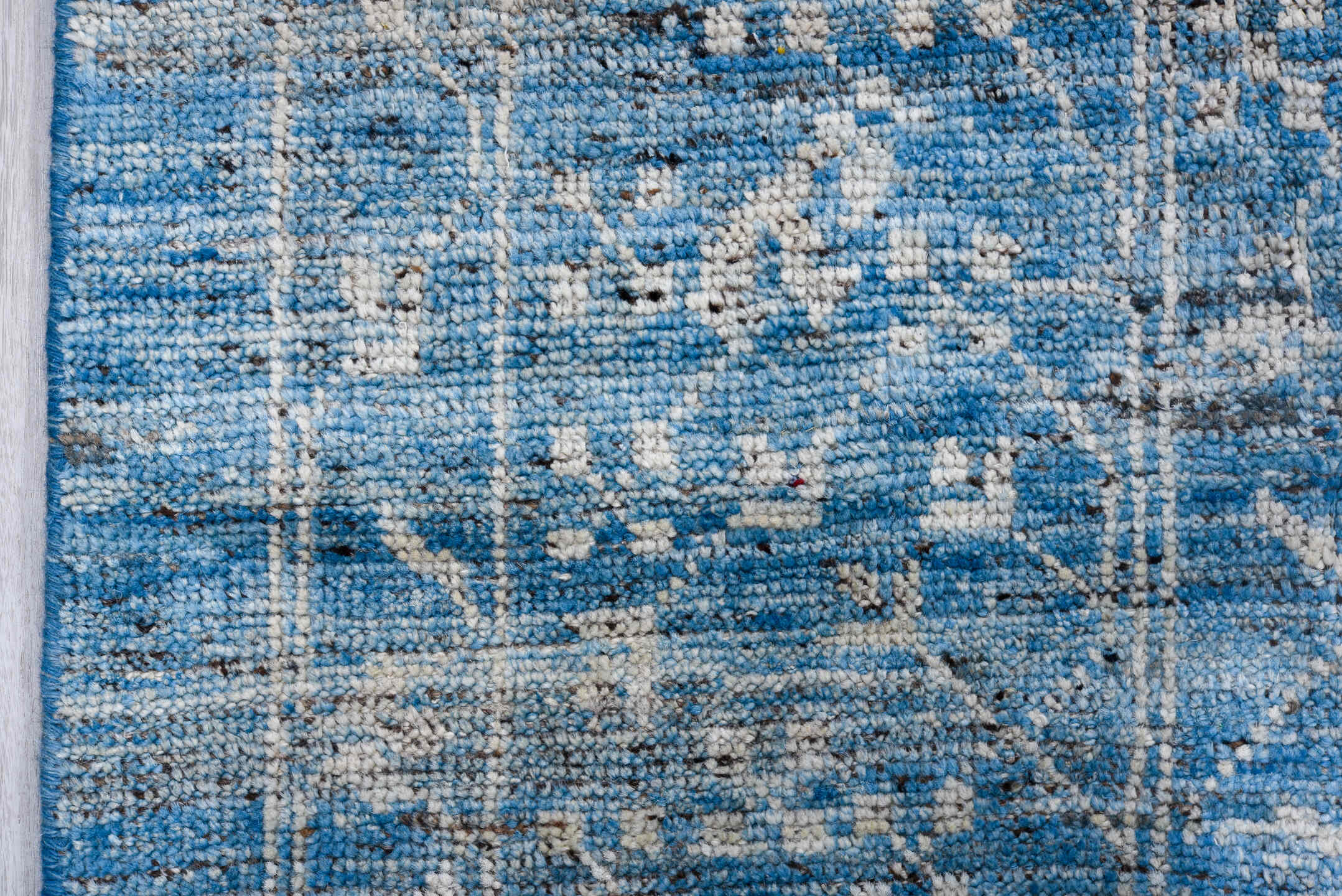 9' x 13' one-of-a-kind handmade vintage Tulu large size rug. Color palette: sky blue, ivory, slate, steel blue, cream