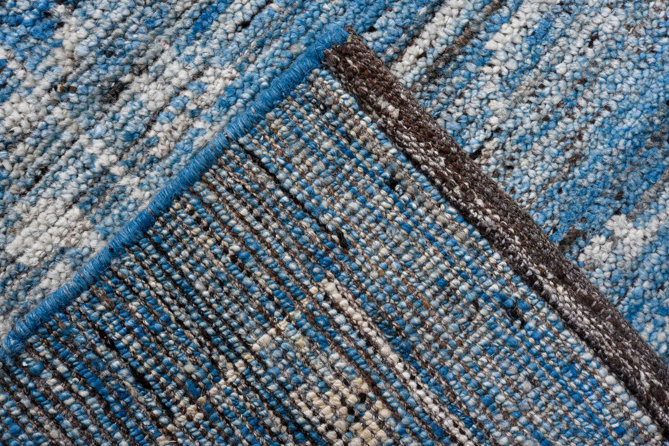 9' x 13' one-of-a-kind handmade vintage Tulu large size rug. Color palette: sky blue, ivory, slate, steel blue, cream