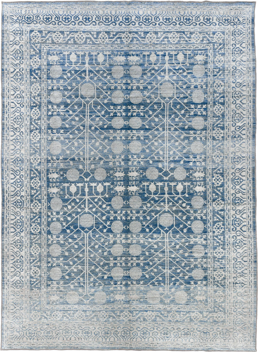 10' x 14' one-of-a-kind handmade vintage Tulu large size rug. Color palette: ivory, sky blue, slate blue, powder blue