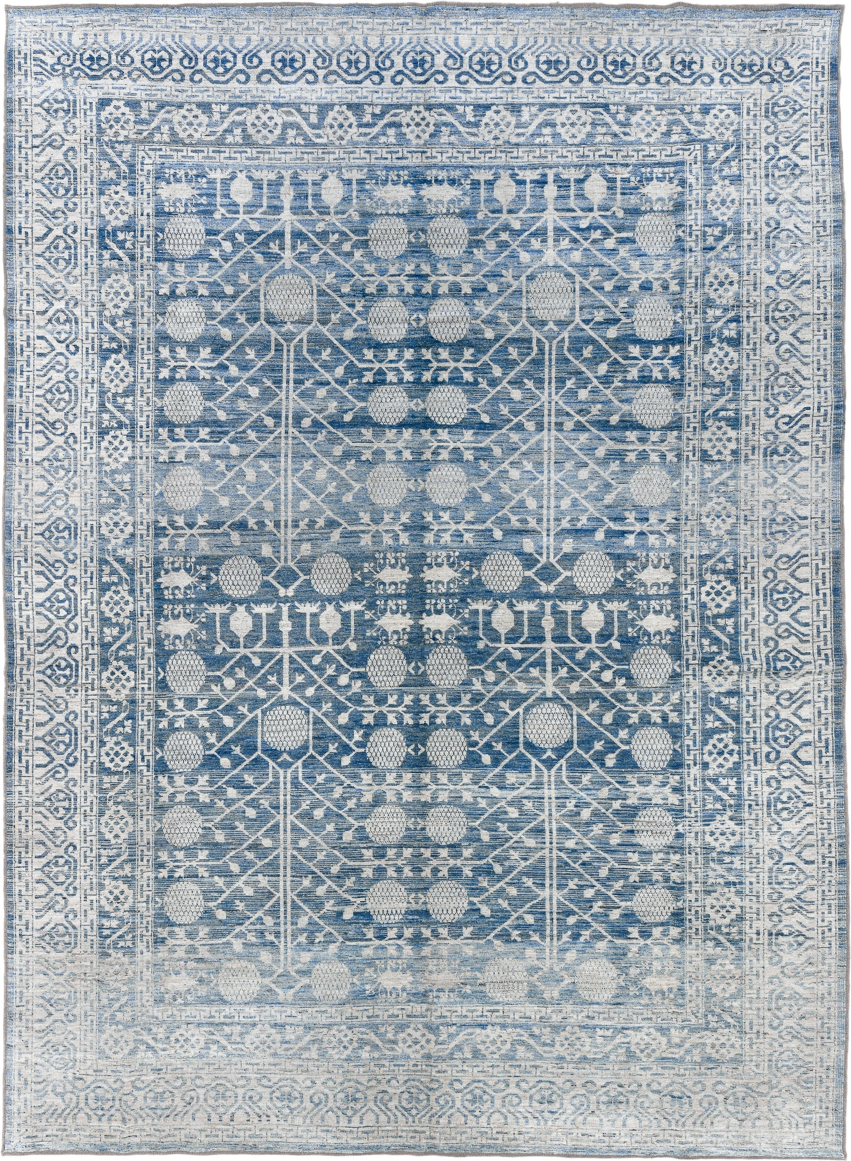 10' x 14' one-of-a-kind handmade vintage Tulu large size rug. Color palette: ivory, sky blue, slate blue, powder blue