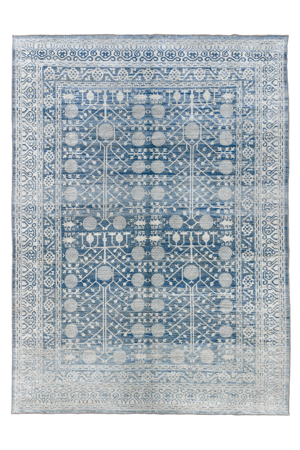 10' x 14' one-of-a-kind handmade vintage Tulu large size rug. Color palette: arapawa, black, blue, fiord, gainsboro, gray