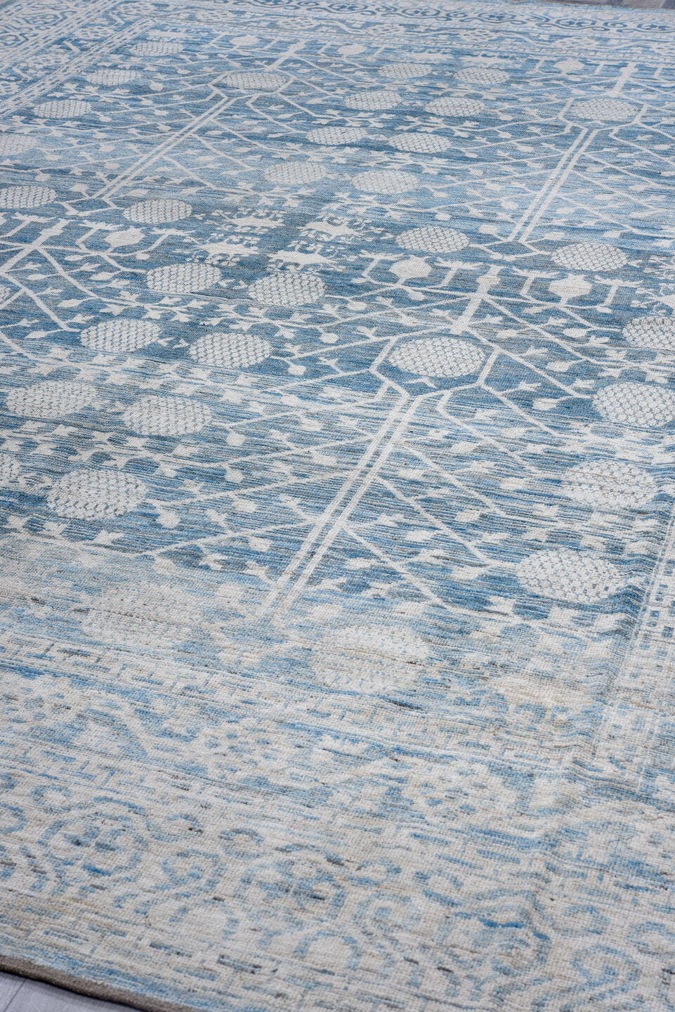 10' x 14' one-of-a-kind handmade vintage Tulu large size rug. Color palette: ivory, sky blue, slate blue, powder blue