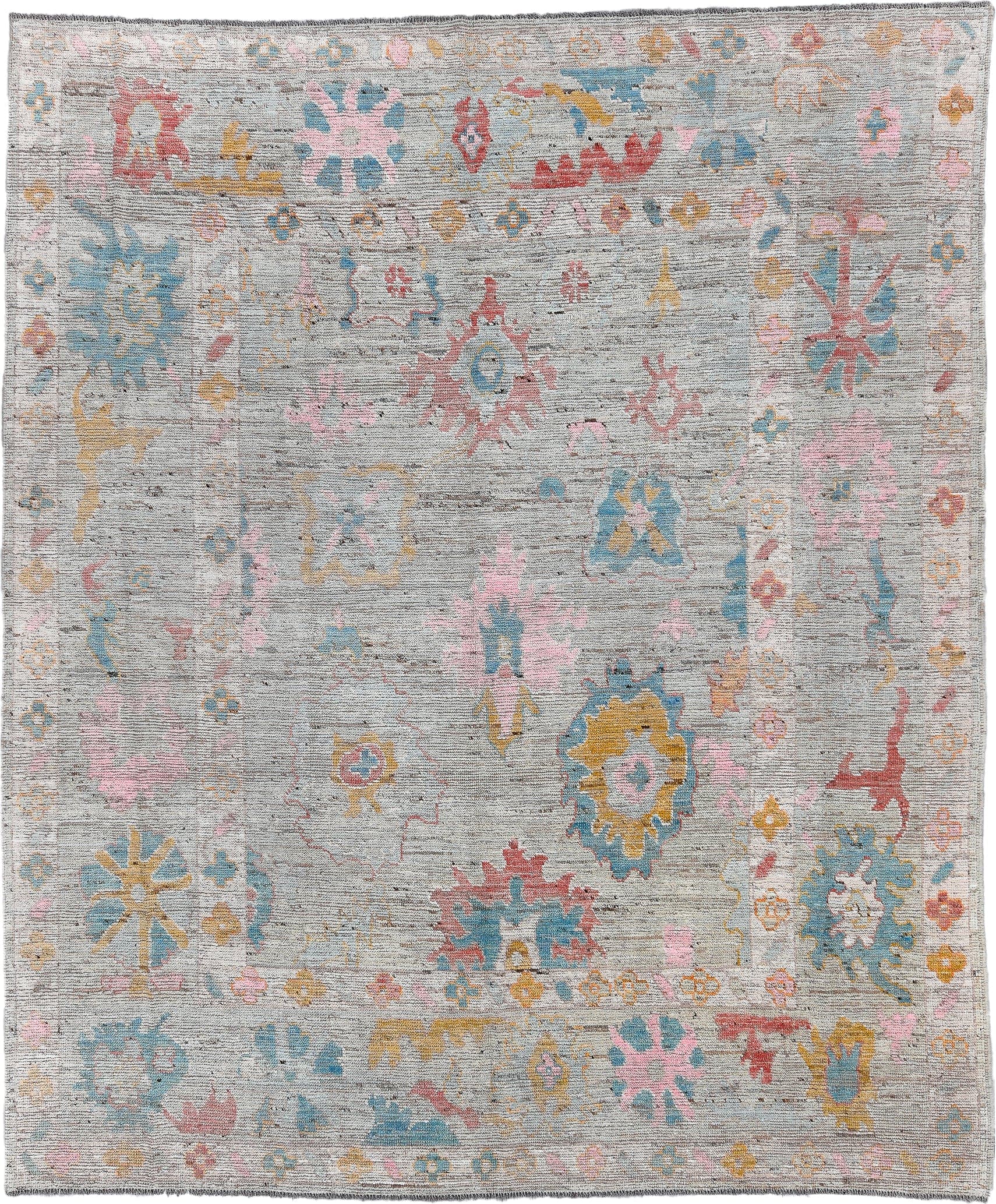 8' x 10' one-of-a-kind handmade vintage Oushak large size rug. Color palette: gray, sky blue, blush, gold, coral, ivory