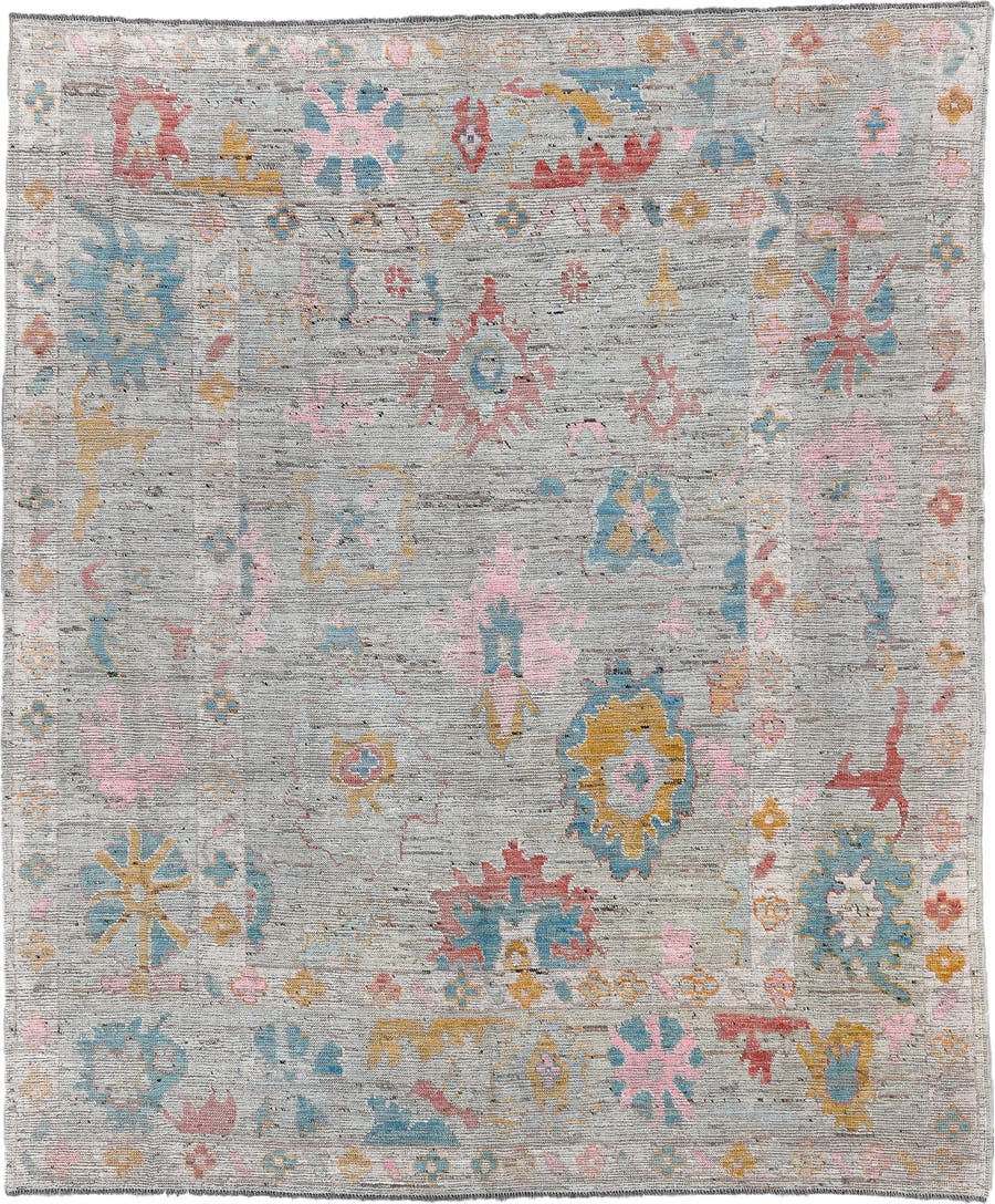 8' x 10' one-of-a-kind handmade vintage Oushak large size rug. Color palette: gray, sky blue, blush, gold, coral, ivory