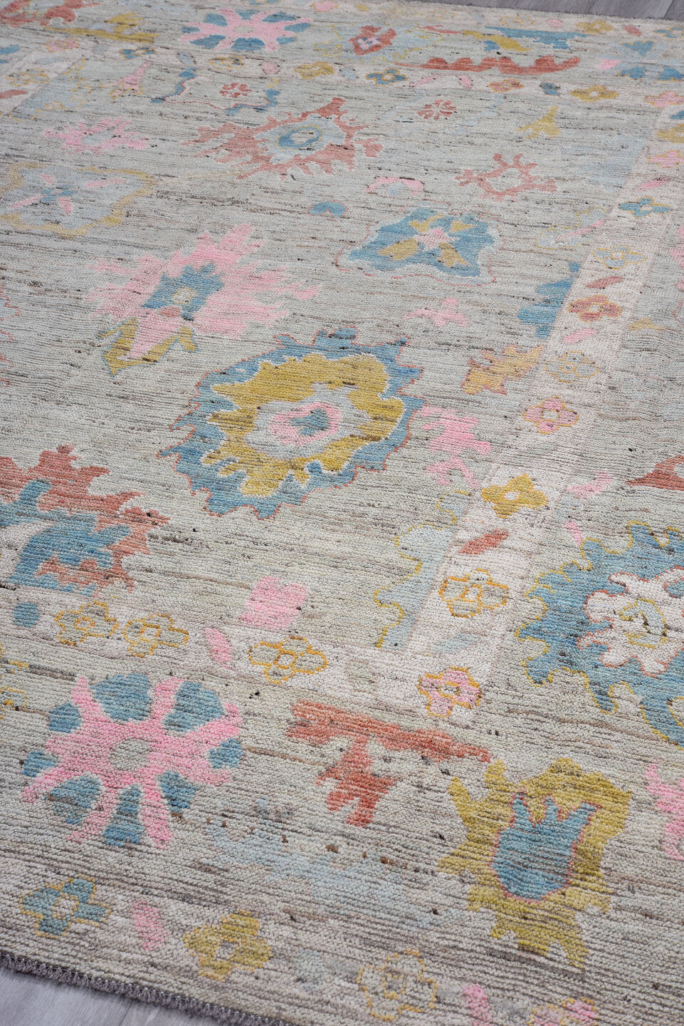 8' x 10' one-of-a-kind handmade vintage Oushak large size rug. Color palette: gray, sky blue, blush, gold, coral, ivory