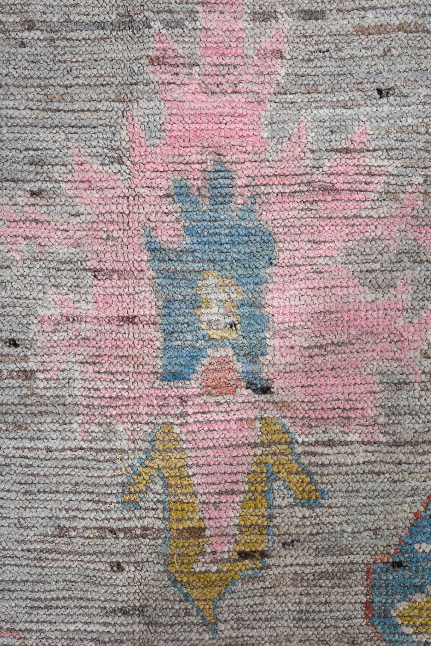 8' x 10' one-of-a-kind handmade vintage Oushak large size rug. Color palette: gray, sky blue, blush, gold, coral, ivory
