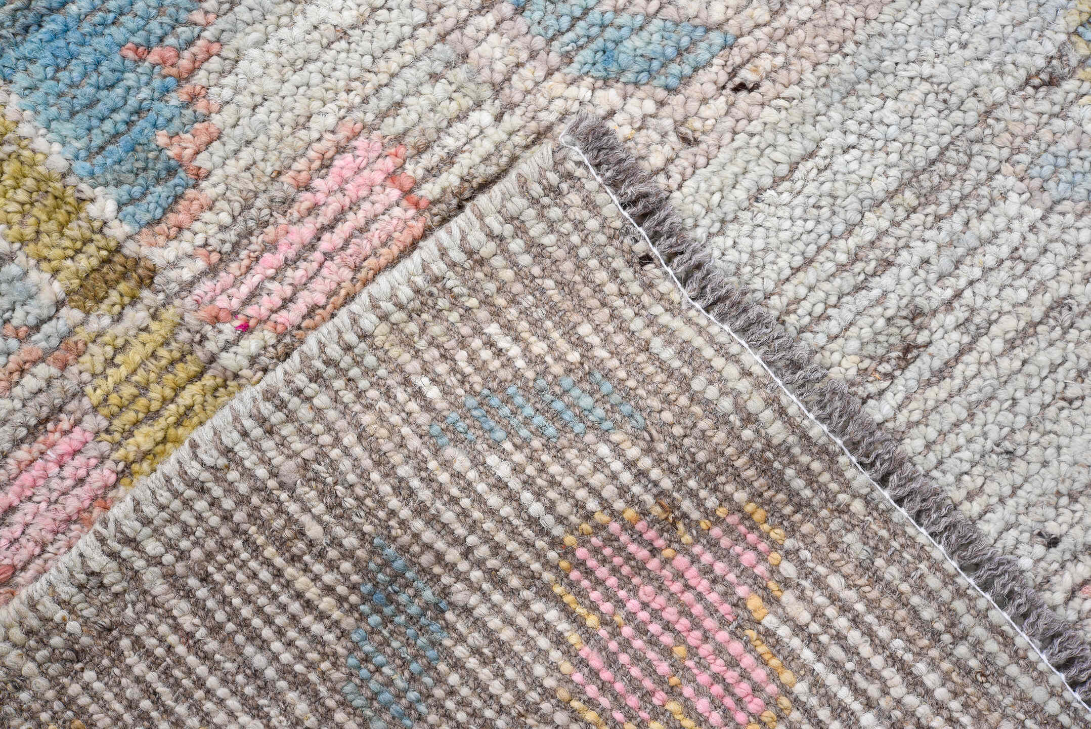 8' x 10' one-of-a-kind handmade vintage Oushak large size rug. Color palette: gray, sky blue, blush, gold, coral, ivory