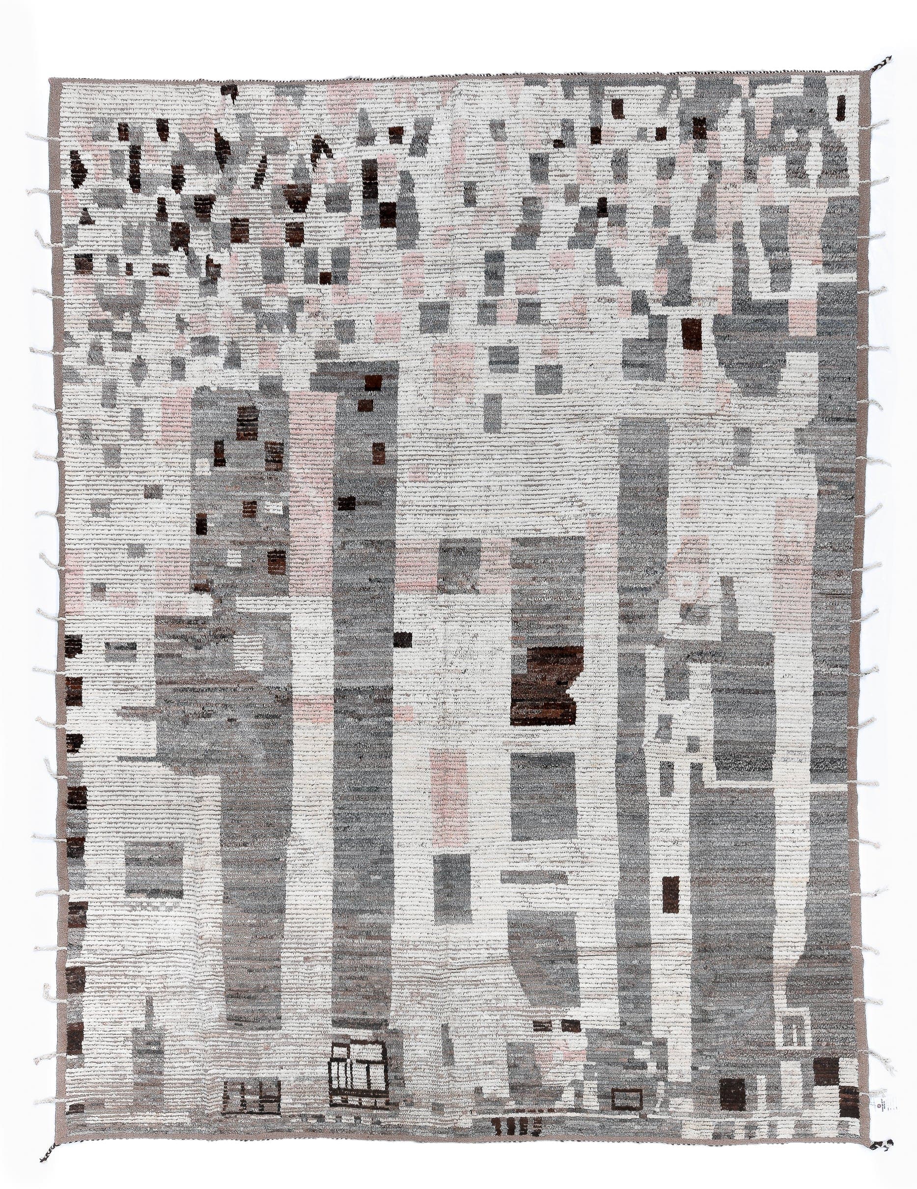 9' x 11' one-of-a-kind handmade vintage Tulu large size rug. Color palette: ivory, gray, taupe, blush, charcoal, brown