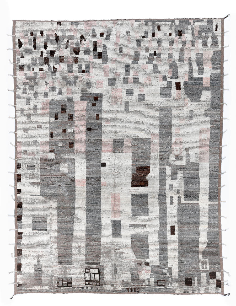 9' x 11' one-of-a-kind handmade vintage Tulu large size rug. Color palette: ivory, gray, taupe, blush, charcoal, brown