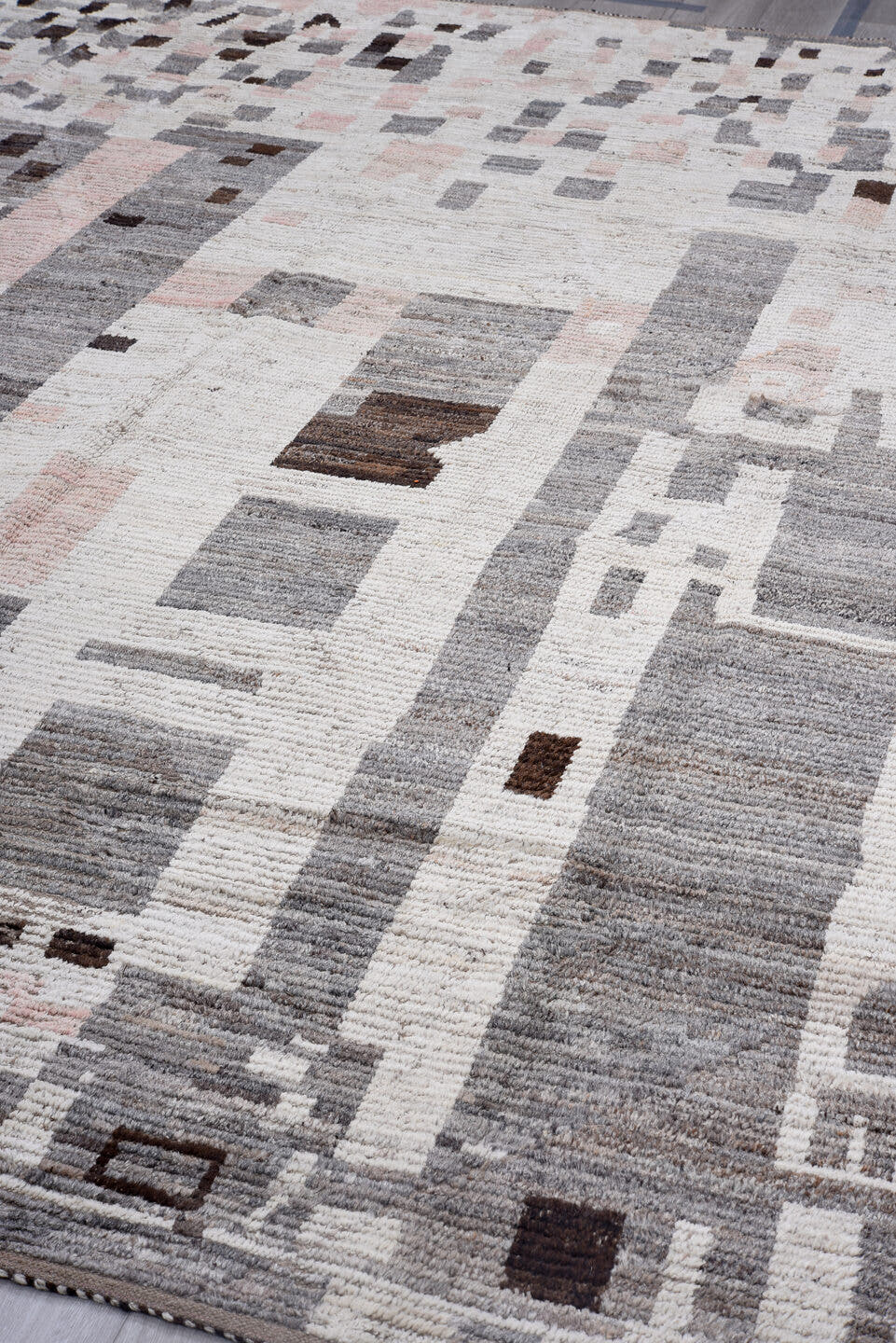 9' x 11' one-of-a-kind handmade vintage Tulu large size rug. Color palette: ivory, gray, taupe, blush, charcoal, brown