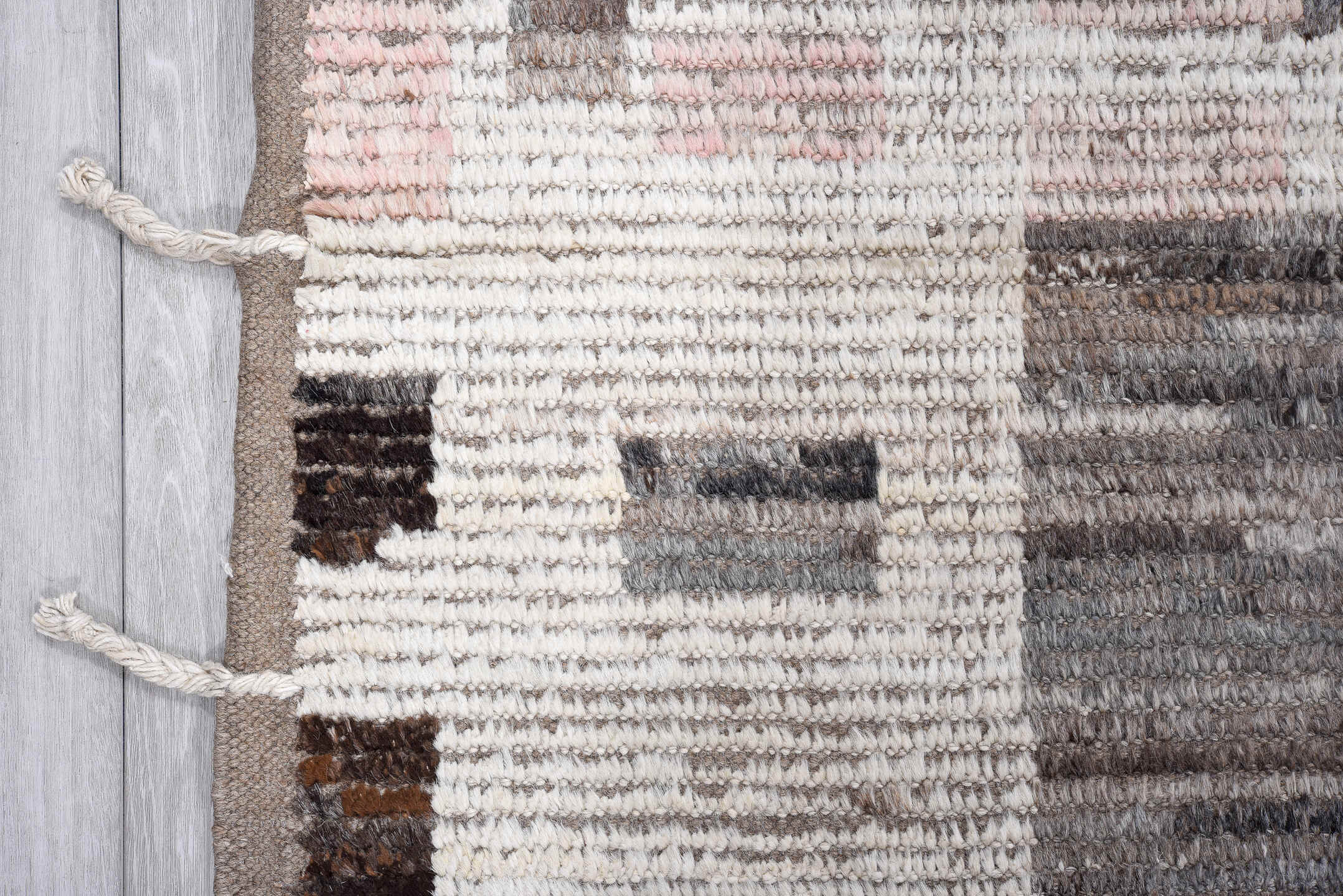 9' x 11' one-of-a-kind handmade vintage Tulu large size rug. Color palette: ivory, gray, taupe, blush, charcoal, brown