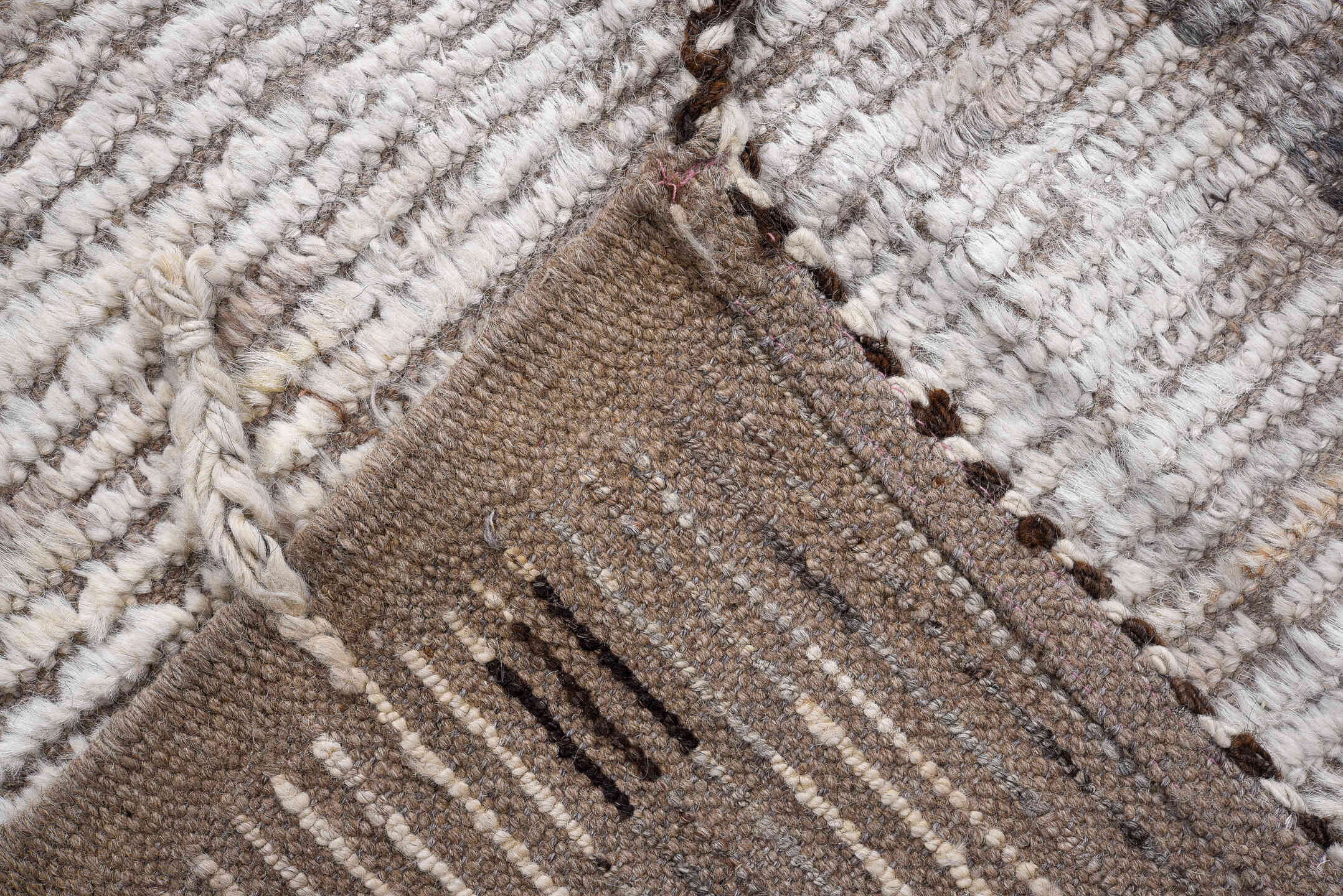 9' x 11' one-of-a-kind handmade vintage Tulu large size rug. Color palette: ivory, gray, taupe, blush, charcoal, brown