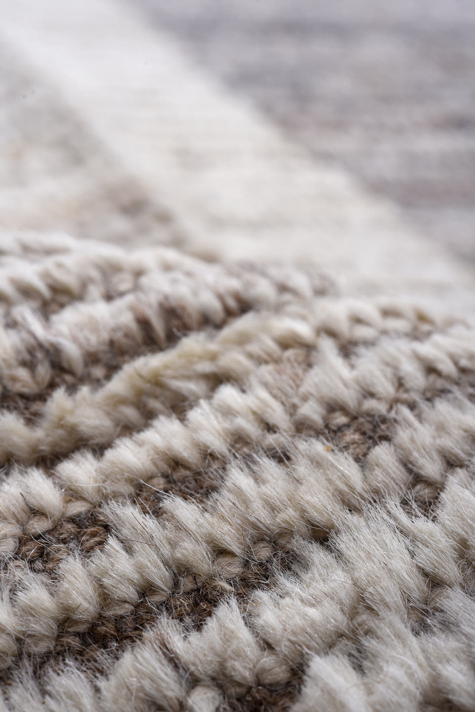 9' x 11' one-of-a-kind handmade vintage Tulu large size rug. Color palette: ivory, gray, taupe, blush, charcoal, brown