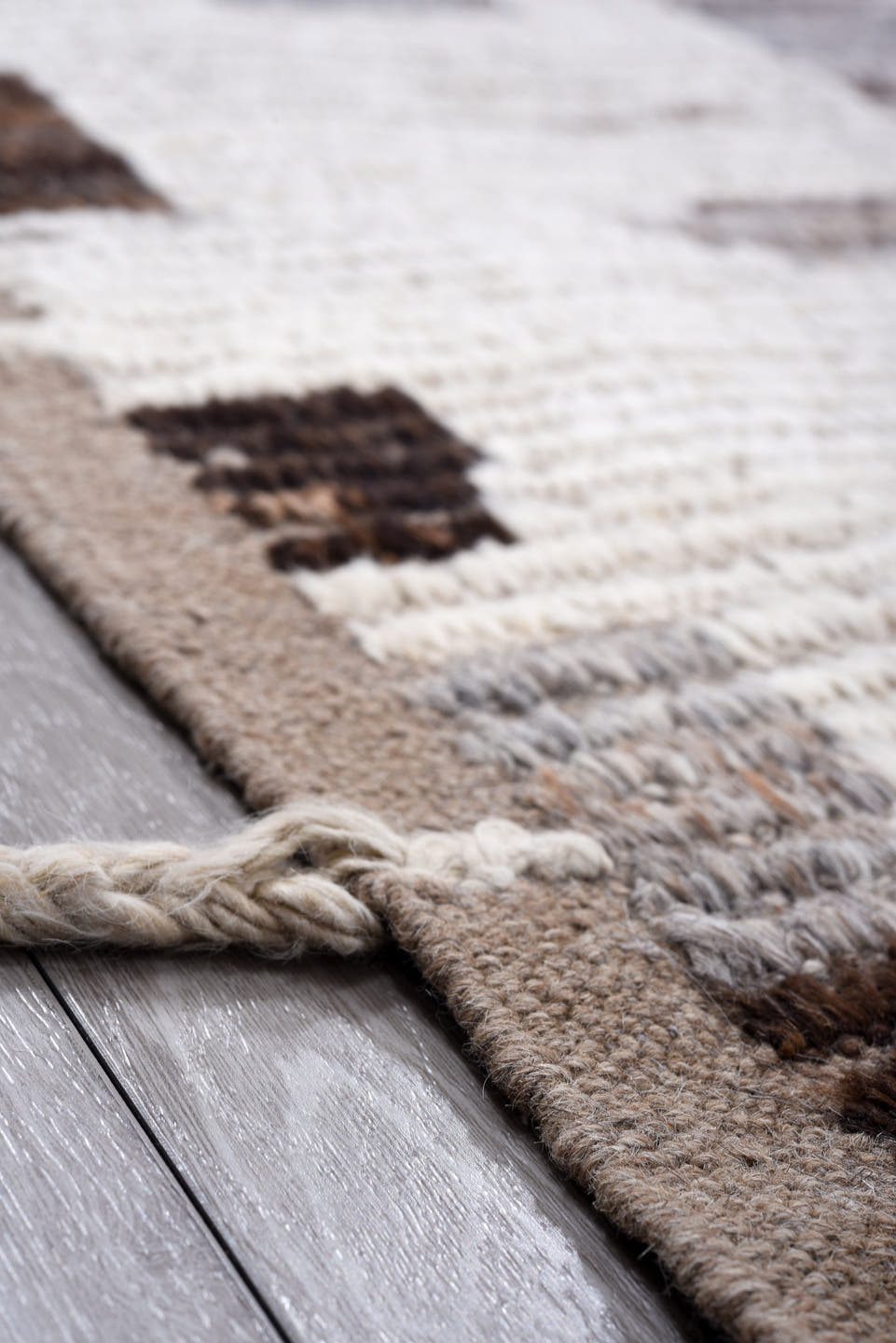 9' x 11' one-of-a-kind handmade vintage Tulu large size rug. Color palette: ivory, gray, taupe, blush, charcoal, brown