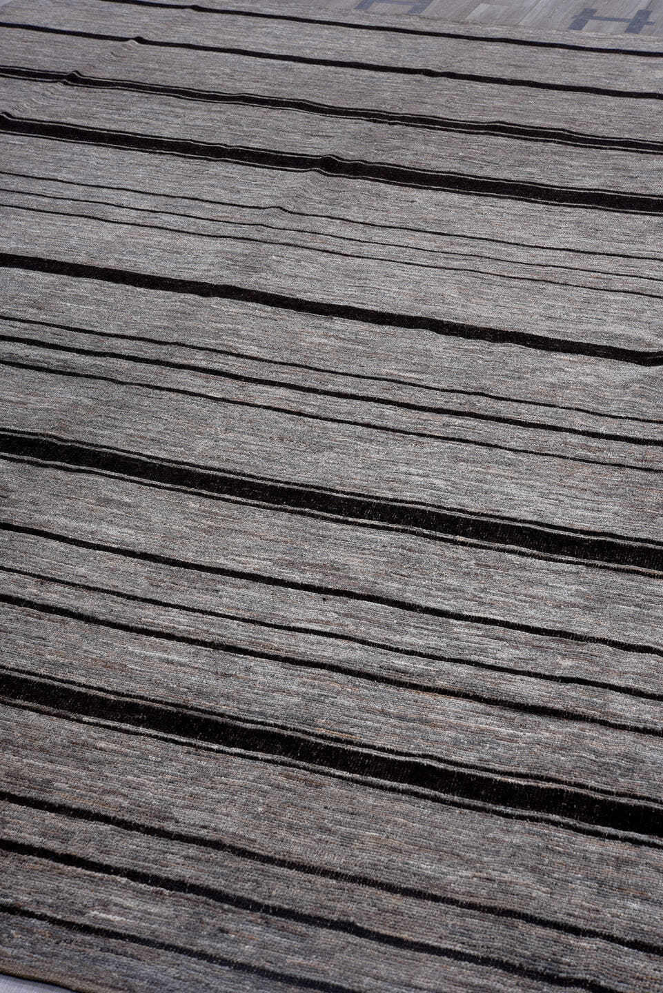 10' x 14' one-of-a-kind handmade vintage Tulu large size rug. Color palette: gray, charcoal, taupe, ivory, black, beige